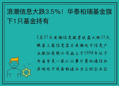 浪潮信息大跌3.5%！华泰柏瑞基金旗下1只基金持有