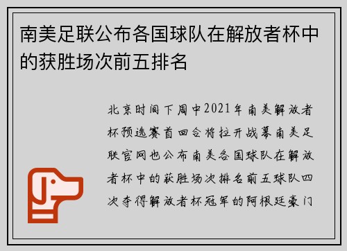 南美足联公布各国球队在解放者杯中的获胜场次前五排名