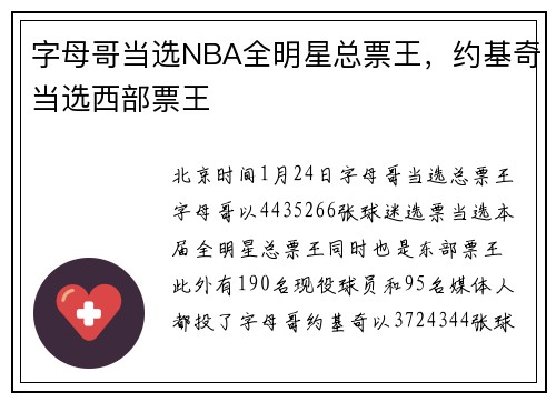 字母哥当选NBA全明星总票王，约基奇当选西部票王