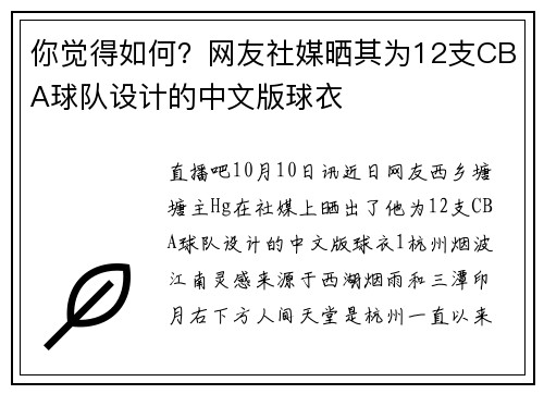 你觉得如何？网友社媒晒其为12支CBA球队设计的中文版球衣