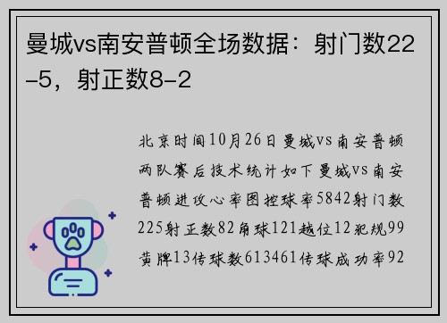 曼城vs南安普顿全场数据：射门数22-5，射正数8-2