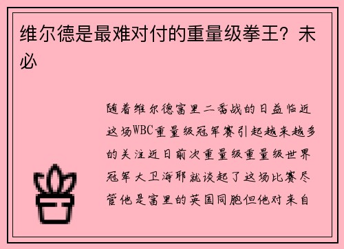 维尔德是最难对付的重量级拳王？未必